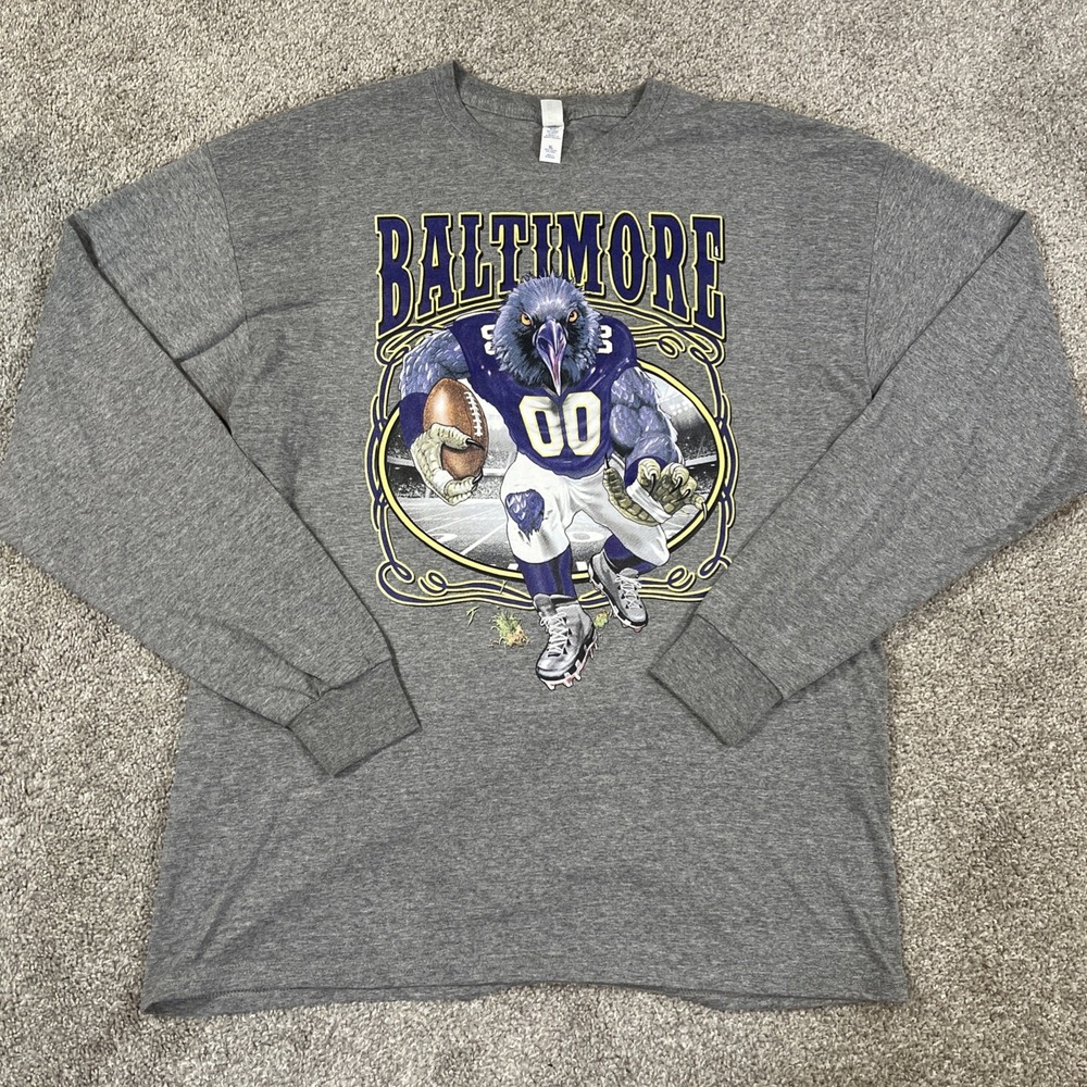 Baltimore Ravens Football Long‎ Sleeve Shirt Men's XL Gray Graphic Jerzees Retro